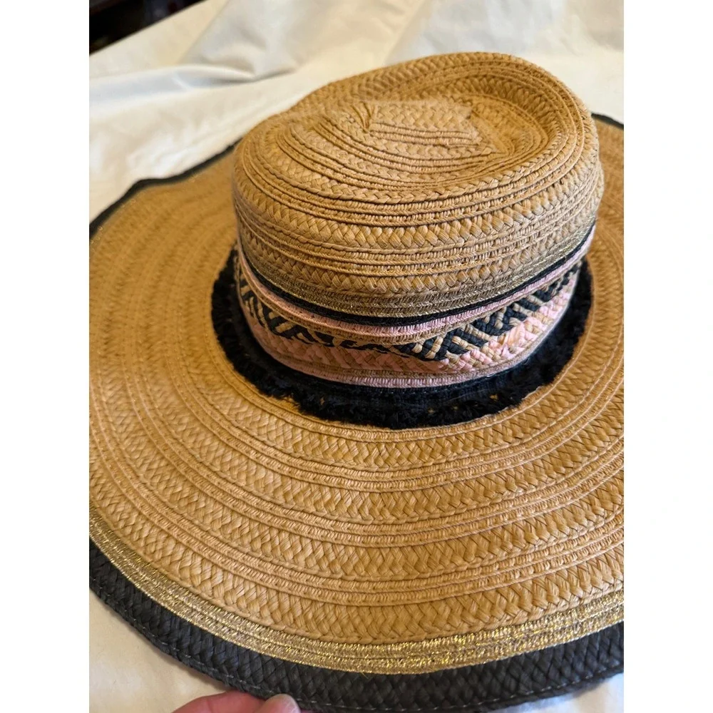 Steve Madden‎ Womens Wide Brim Straw Sun Hat Tan Black Pink Gold Metallic OS